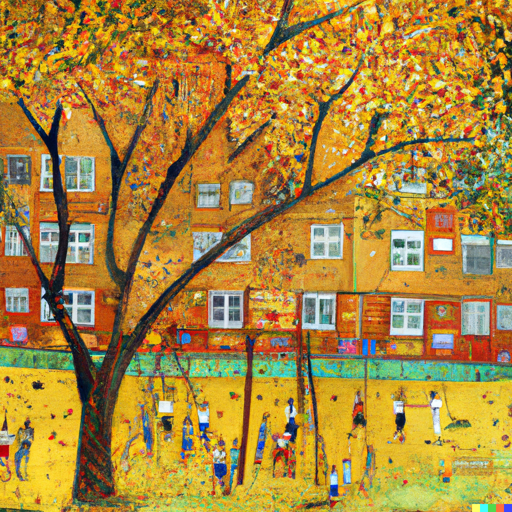 Cour d'école en automne avec des enfants